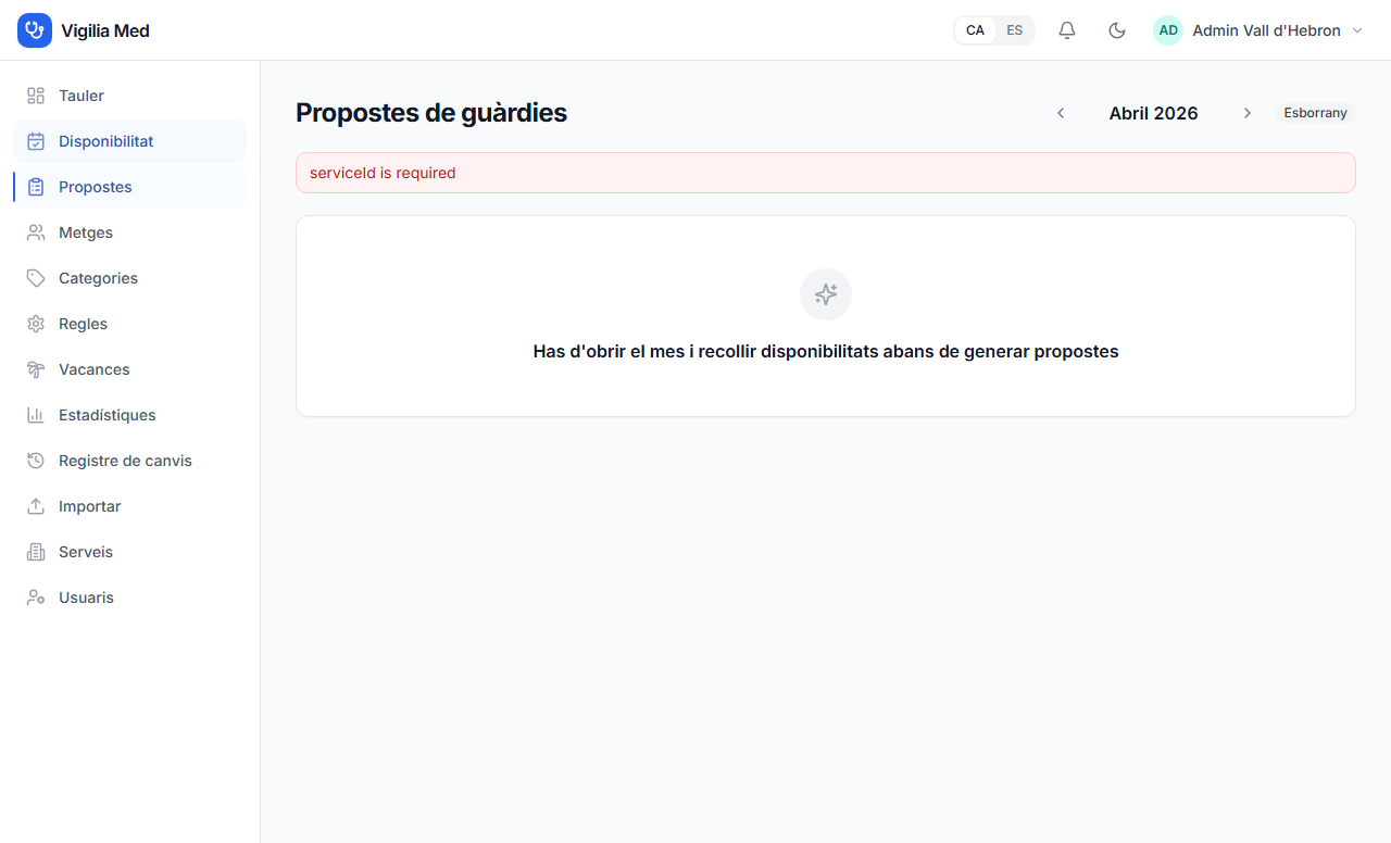Vista de propuestas de cuadrante generadas por el solver
